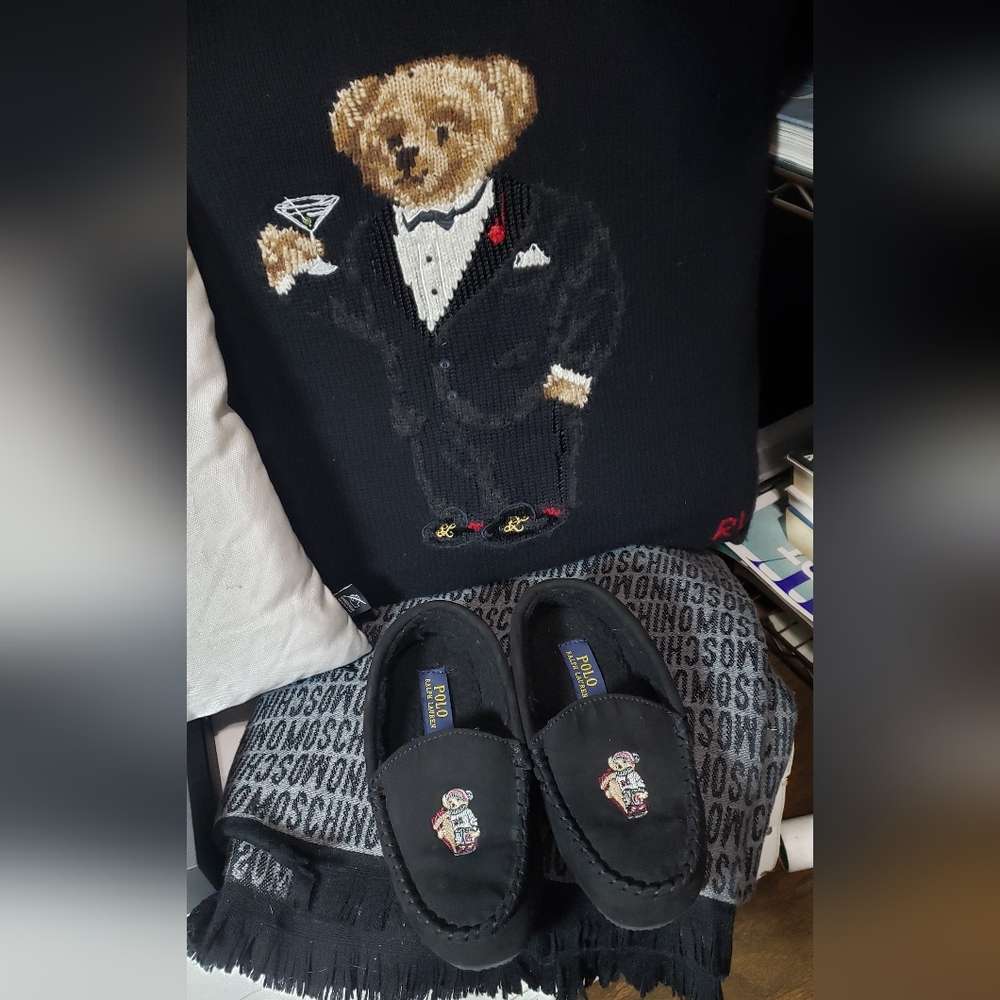 Polo Ralph Lauren Polo Bear Kids Slippers Moccasins Black Size 4Y